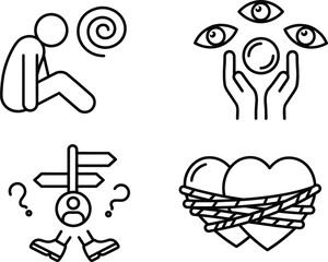 Fototapeta premium Mental health psychology icon set vector line outline black collection showing anxiety depression stress confusion relationship therapy concepts.