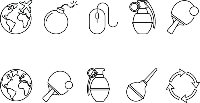 Minimalist black and white outline icon set featuring travel globe computer mouse weapons table tennis and recycle vectors