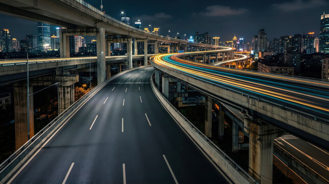Empty elevated freeway lanes next to glowing neon light trails against modern city skyline.