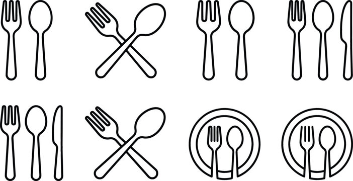 Minimalist restaurant silverware outline icon set featuring forks spoons knives and plates dining cutlery line art vector collection