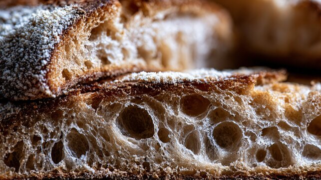 A macro study of freshly sliced rustic bread revealing detailed crumb tunnels, flour dusting, and artisan baking textures