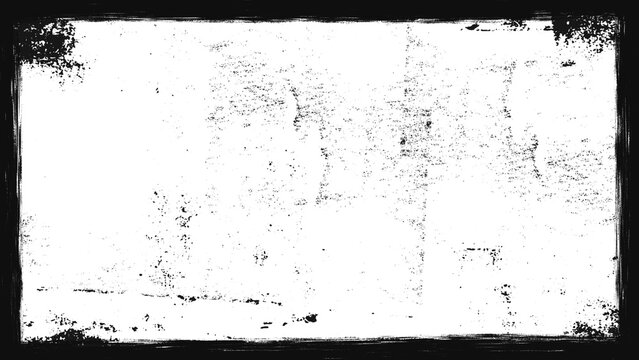 Black ink stamp and fine grain grunge border frame clip art. Distressed roller paint overlay texture isolated on white background for vintage photo layout and banner design.