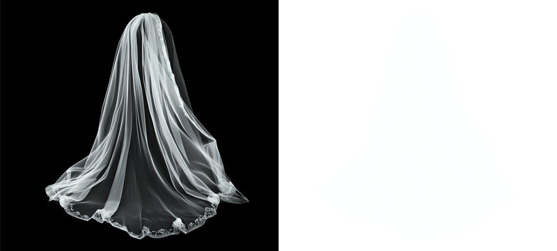Long flowing bridal tulle veil fabric with sheer layered folds and delicate lace trim isolated on black background for transparent PNG wedding, bridal, fashion and elegant decorative overlays