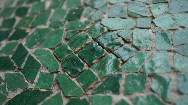 Generated with AI Deep green glazed Moroccan zellige ceramic tiles arranged in an irregular mosaic texture.