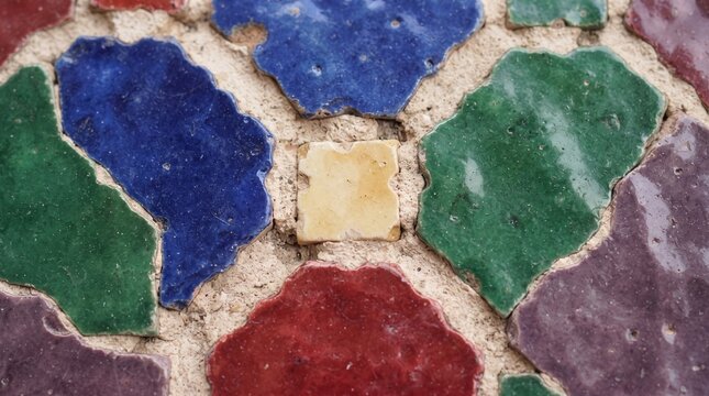 Generated with AI Handmade colorful Moroccan zellige ceramic mosaic tiles set in rough mortar texture.