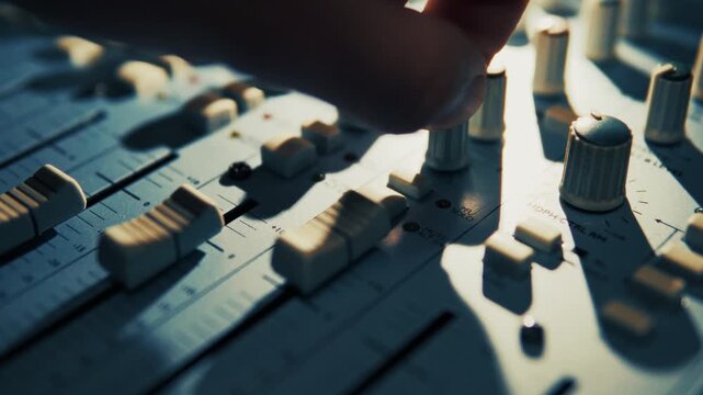 Sound Producer Adjusting Faders On Audio Mixing Console Panel In Recording Studio