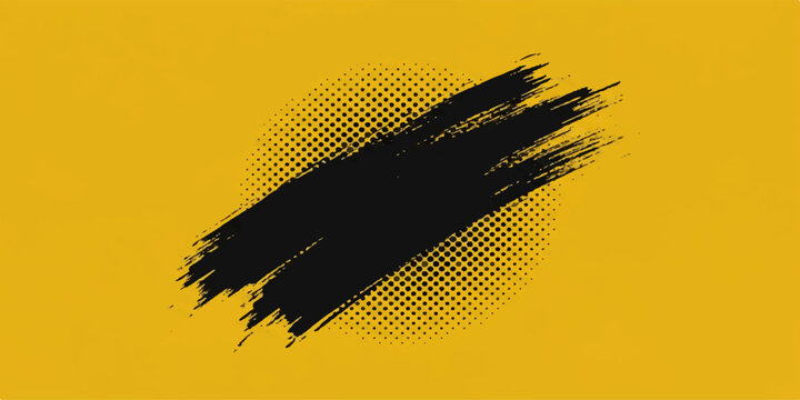 Short black brush stroke with halftone pattern on yellow background black paint grunge design ink texture abstract graphic distressed element artistic spla