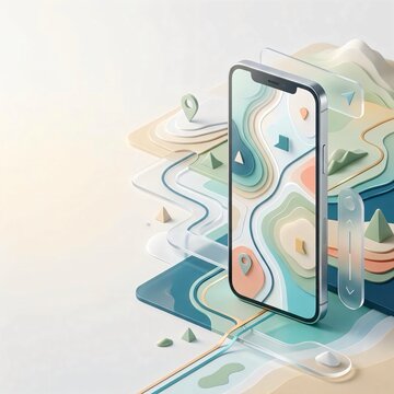 Smartphone with 3D topographic map and floating location pins