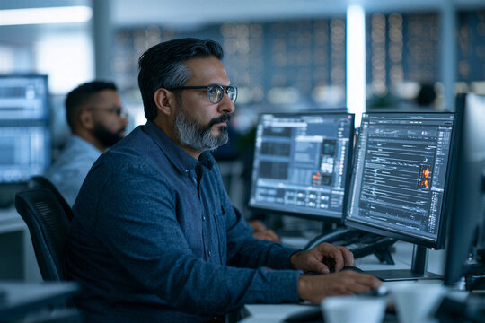 Cybersecurity analyst monitoring digital threats and network activity across multiple computer screens
