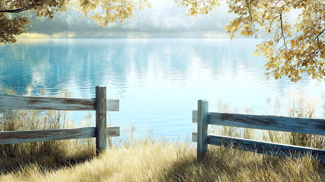 Serene Autumn Lakeside with Rustic Wooden Fence and Golden Leaves