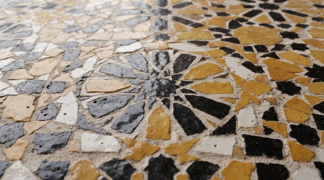 Moroccan zellige circle pattern mosaic surface black white and yellow star motif