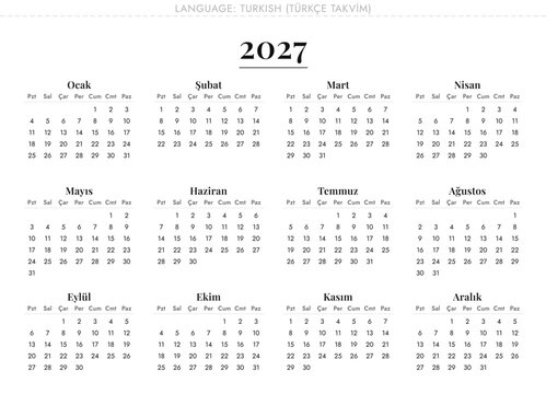 Turkish calendar 2027 for Turkey takvim minimalist, printable vector planner