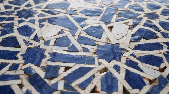Generated with AI. Close up of blue and white Moroccan zellige mosaic texture showing handcrafted geometric ceramic tiles.