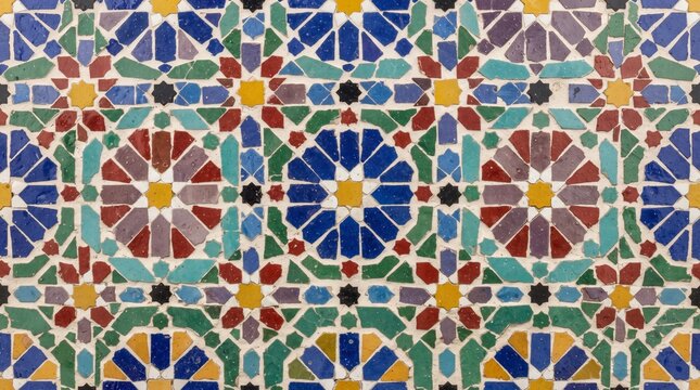 Generated with AI. Colorful Moroccan zellige mosaic pattern with symmetrical blue red green and yellow geometric ceramic tiles.