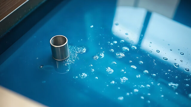 A metal part suspended in a blue electroplating bath with rising bubbles.