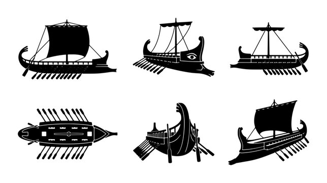 Ancient Greek Warships Vector Icons, Set of 6 Roman Galleys, Triremes and Quinqueremes Silhouettes for Nautical History and Maritime Concepts