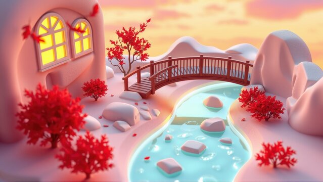 Stylized winter scene. Cozy house, small bridge over stream, red bushes, soft lighting, peaceful landscape.