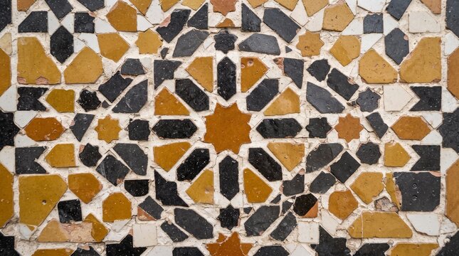 Generated with AI Moroccan zellige mosaic tile texture symmetrical 8 point star pattern ochre brown black white