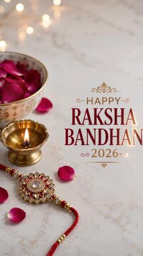 Raksha bandhan 2026 greeting with rakhi diya kumkum rose petals, holiday announcement, festival calendar, seasonal wishes, family message, cultural event, greeting design