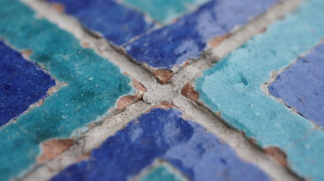 Generated with AI Close up macro texture Moroccan zellige mosaic tile cross pattern dark blue turquoise glazed