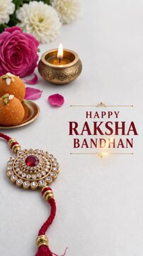 Happy Raksha Bandhan text with traditional rakhi, diya lamp, flowers and Indian sweets, festive celebration of sibling love, family bond and cultural tradition