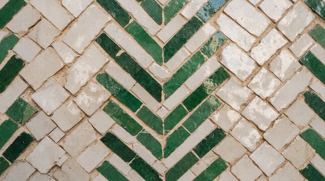 Generated with AI Moroccan zellige mosaic texture herringbone chevron pattern dark green cream white glazed tile