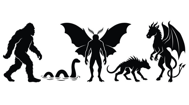 Collection of black silhouette depicting legendary cryptids and mythical creatures including bigfoot, mothman, and sea monsters