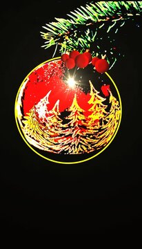 Red Christmas Bauble with Pine Trees Reflection Illustration