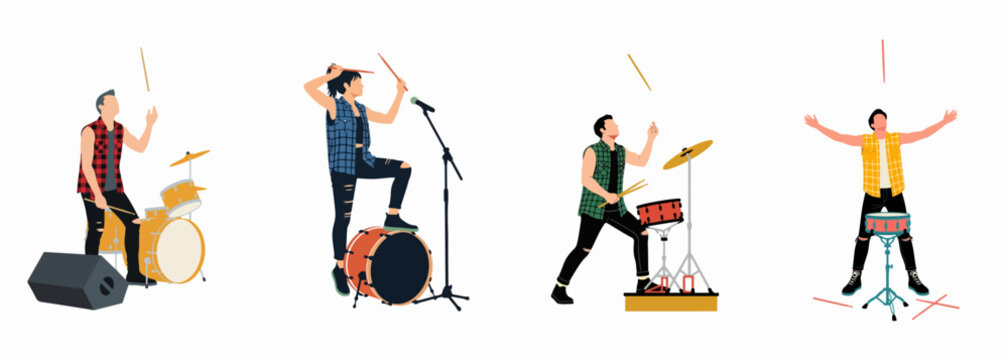 Collection of four stylized drummer illustrations in dynamic performance poses, wearing casual punk-inspired attire against a plain white background.