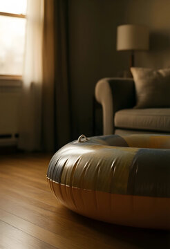 Childhood memories and summer fun, inflatable swimming ring on a wooden floor in a cozy home interior