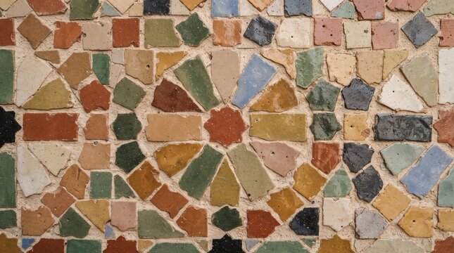 Generated with AI Colorful Moroccan zellige mosaic texture featuring terracotta green blue and mustard yellow handmade ceramic tiles.