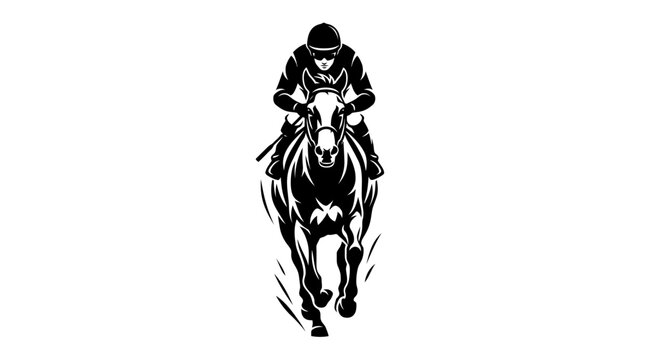 Professional jockey riding a fast racehorse in bold black and white vector art graphic style