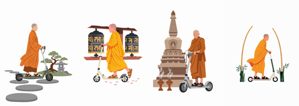 A set of four vector illustrations depicting Buddhist monks in orange robes riding electric scooters in various peaceful and traditional settings.