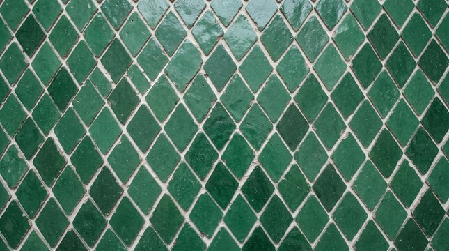 Dark green glossy rhombus zellige ceramic tile pattern texture typical of Moroccan craftsmanship.