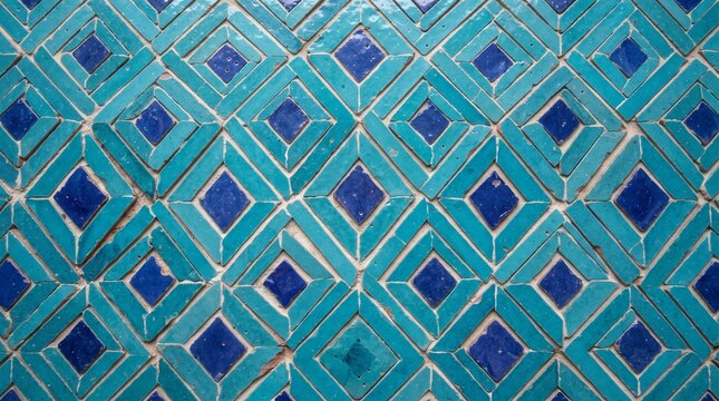 Moroccan dark and light blue diamond arrangement zellige ceramic mosaic wall texture.