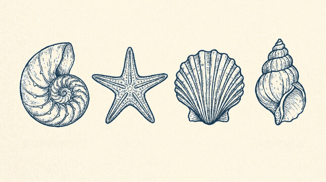 Detailed hand drawn marine life collection featuring various seashells and a starfish in vintage etching style design with illustration
