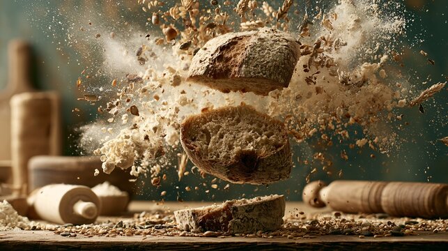 An ingredient explosion composition featuring rustic bread, wheat grains, flour particles, seeds, and baking tools suspended mid-air above a farmhouse table