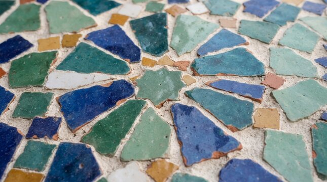 Generated with AI Traditional Moroccan zellige clay mosaic tile texture featuring colorful star pattern in blue green and yellow