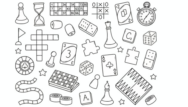 Hand Drawn Doodle Set Featuring Various Classic Board Games and Entertainment Icons for Leisure and Social Activities