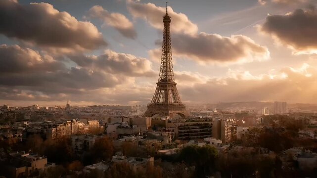 Paris, France, Europe. A panoramic view of the Eiffel Tower in Paris, France, bathed in the warm glow of the setting sun. The sky is a gradient of orange and pink hues.