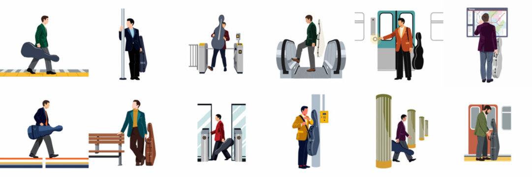 Collection of illustrations showing a man with a cello case navigating through various subway station environments and public transport scenarios.