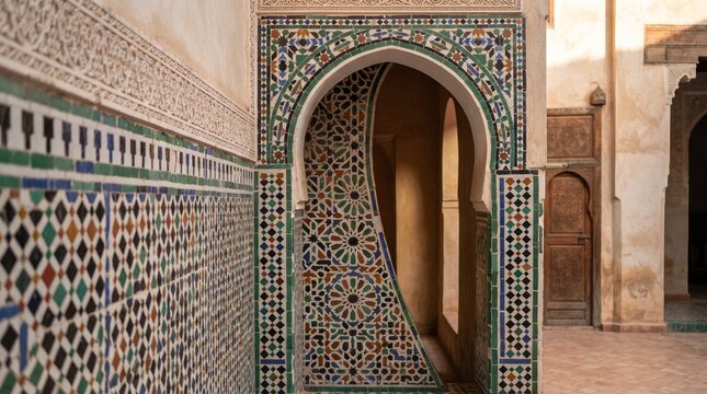 Generated with AI Moroccan zellige mosaic pool walkway in traditional riad courtyard