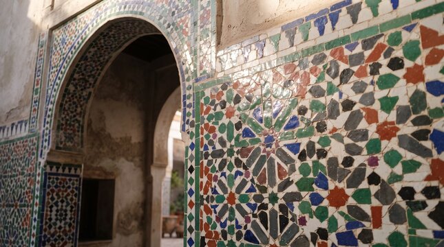 Generated with AI Moroccan zellige mosaic tile wall near traditional riad archway