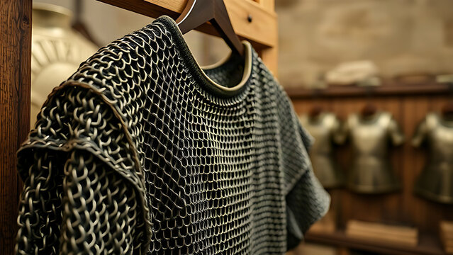 A detailed replica of a Roman legionary chainmail shirt hanging on a wooden rack.