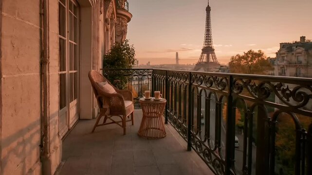 Paris, France, Europe. A vivid portrayal of a balcony overlooking the Eiffel Tower at sunset. The balcony features ornate wrought iron railings and a wicker chair with a cushion.
