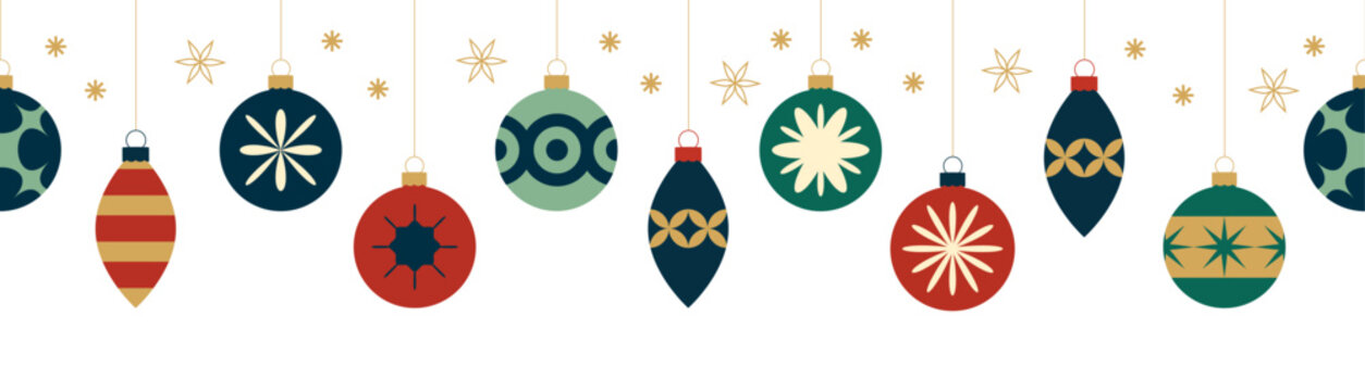 Vector minimalist flat hanging christmas ornaments and stars in decorative border, seamless pattern