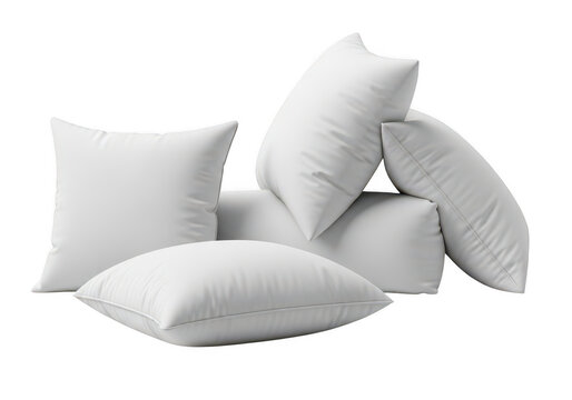 Stack of soft white pillows for comfortable bedroom rest isolated on transparent background