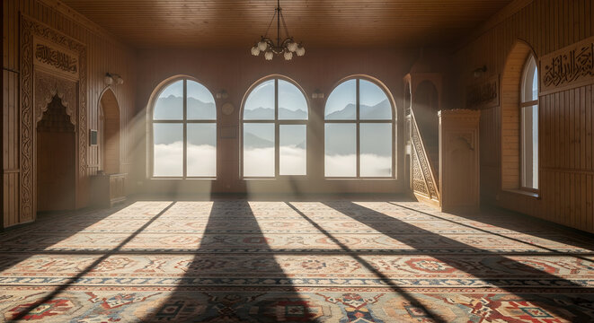 Serene mosque interior with sunbeams and mountain view through arched windows - traditional Islamic architecture and prayer rugs