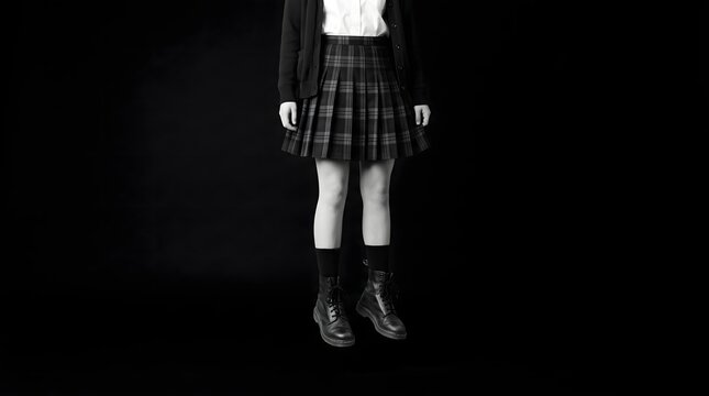 Cropped figure in a plaid skirt, cardigan, knee socks and black boots stands against darkness. Useful for eerie fashion, identity, isolation, and surreal editorial themes.