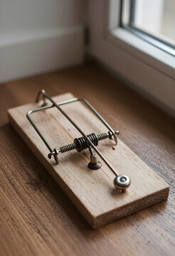 Risk and danger concept old wooden mouse trap on a floor pest control and problem solving closeup